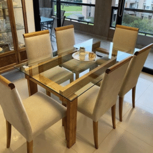 Table à manger en verre et bois naturel