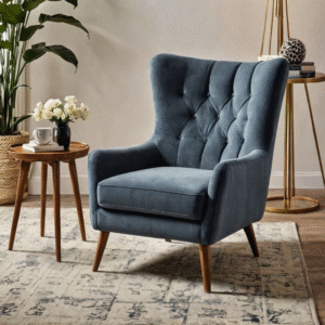 Fauteuil velours bleu capitonné style vintage
