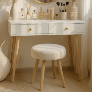 Tabouret scandinave blanc en tissu bouclette