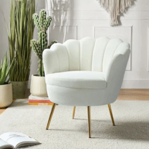 Fauteuil coquillage blanc velours pieds dorés