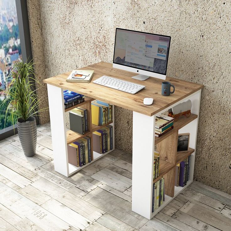 Bureau design bois et blanc avec rangements intégrés – Compact et moderne
