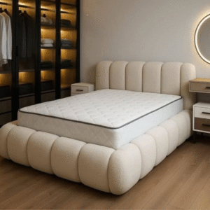 Lit Design Capitonné en Tissu Crème