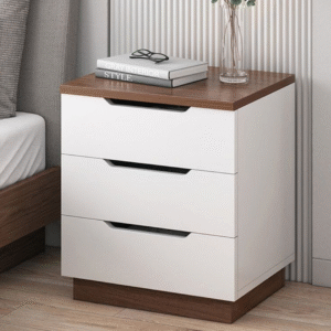 Table de chevet moderne bois et blanc – 3 tiroirs