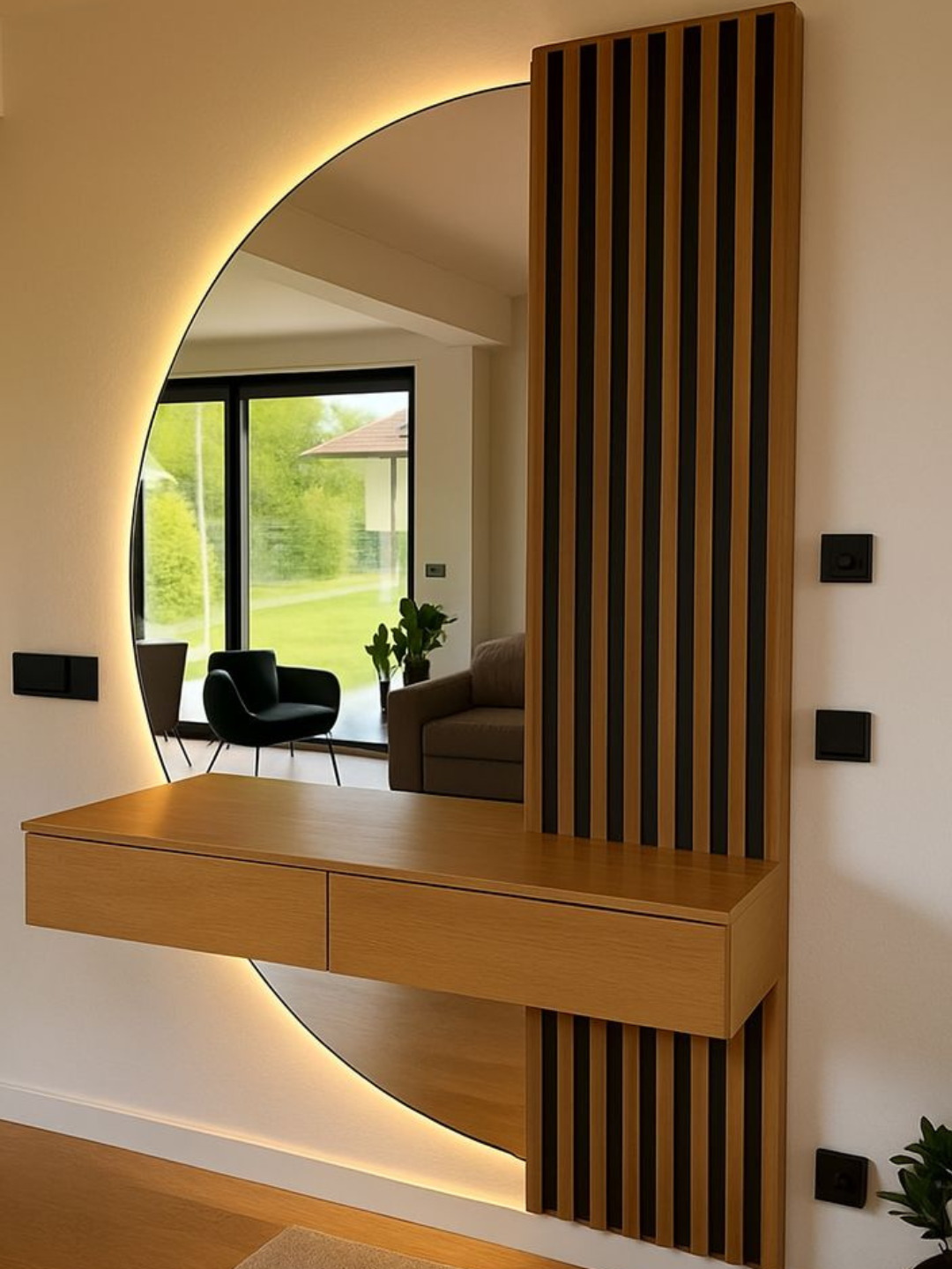 Console murale miroir LED bois design moderne