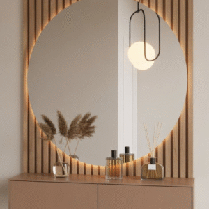 Miroir mural LED rond design bois moderne