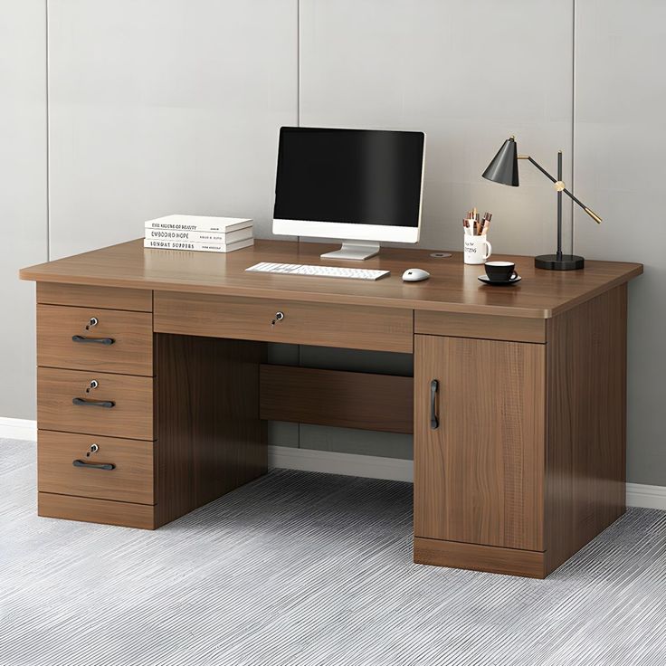 Bureau professionnel en bois avec tiroirs et armoire – Style classique moderne