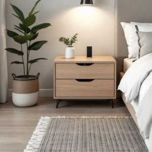 Table de chevet scandinave en bois clair – 2 tiroirs