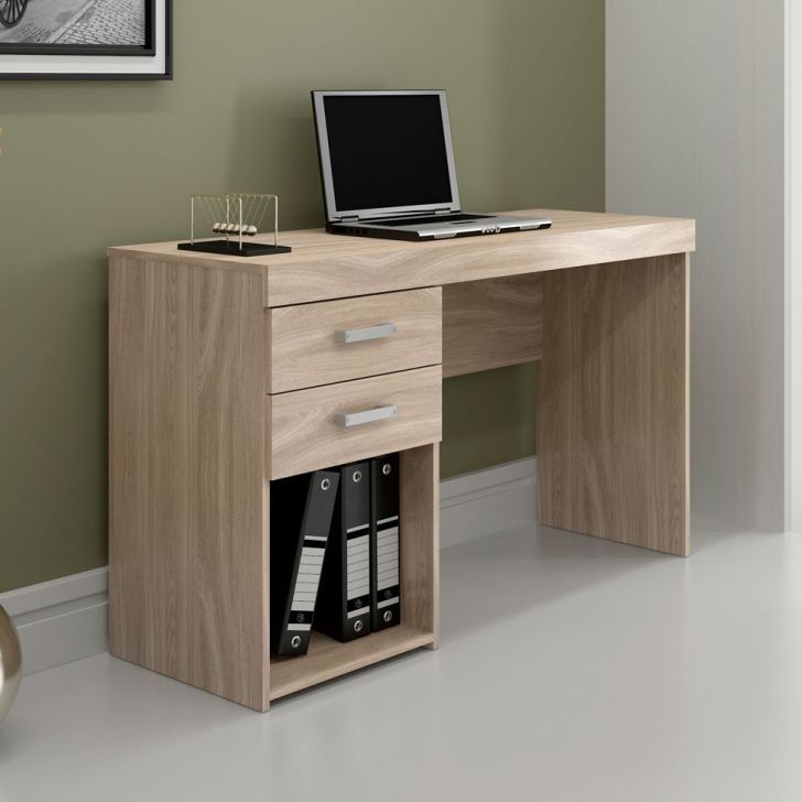 Bureau compact en bois clair avec tiroirs et étagère – Design moderne