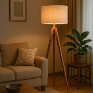Lampadaire trépied en bois scandinave