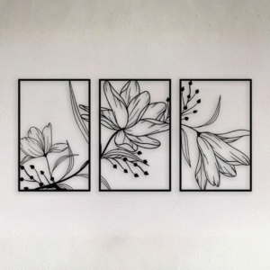Tableau mural triptyque floral noir et blanc – Art moderne minimaliste
