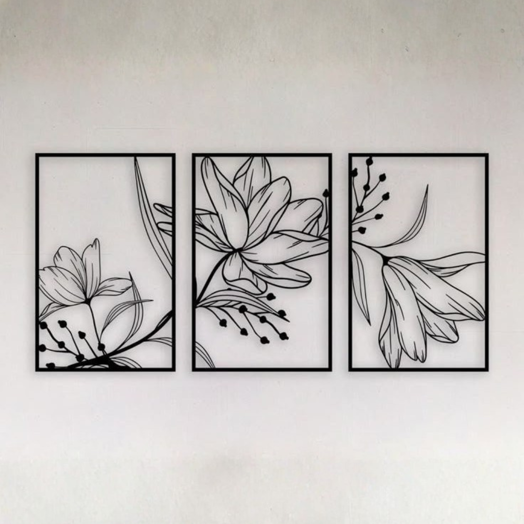 Tableau mural triptyque floral noir et blanc – Art moderne minimaliste