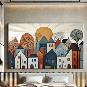 Tableau décoratif paysage moderne – Maisons et soleil couchant