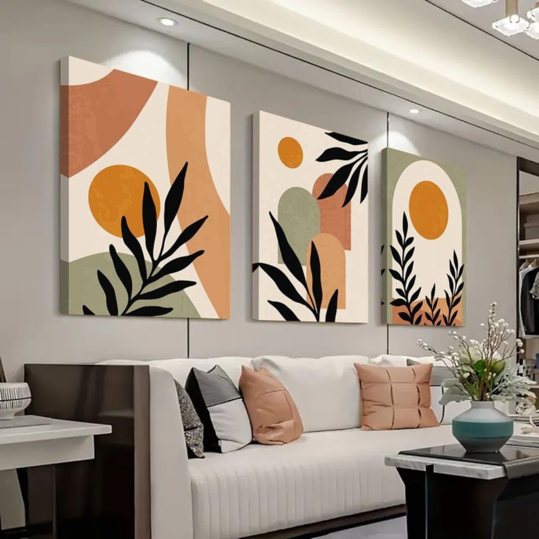 Tableau mural triptyque abstrait – Feuillage et formes modernes